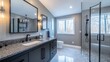 © Intach - Modern high-end bathroom with a floating granite vanity, illuminated mirror, and sleek black fixtures for a bold aesthetic.