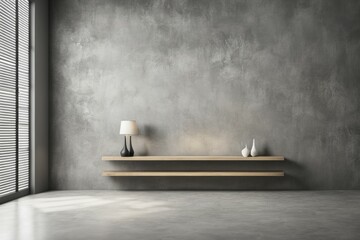 Wall Mural - Minimalist shelf adorned with a lamp and vases, with natural light casting shadows on a concrete wall, AI generated