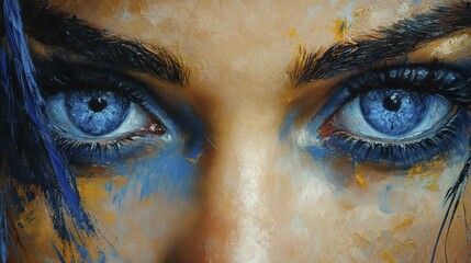 Wall Mural - Close-up of blue human eyes with a mix of blue and yellow abstract paint, inducing a strong expression, AI generated