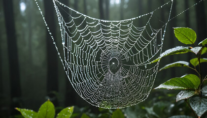 A spiderweb sparkling with raindrops against a forest backdrop
