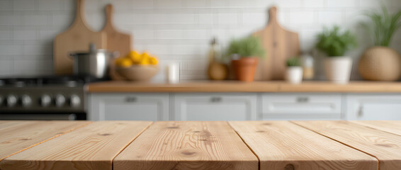 Wall Mural - wooden table on blurred kitchen bench background. empty wooden table and blurred kitchen background