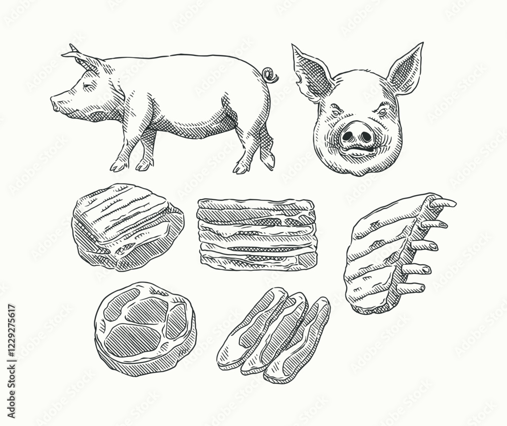 Detailed vintagestyle illustration of a pork butcher chart, featuring