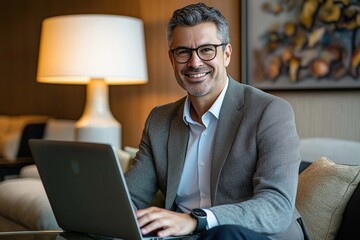 Poster - A dedicated and professional businessman diligently working on his laptop in a modern office setting, exemplifying ambition and motivation as he engages in strategic planning and collaboration