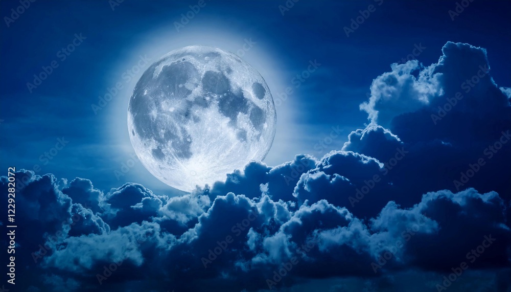 Night sky with full bright moon in the clouds. Night sky with super ...