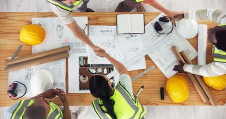 Aufkleber - Above, architecture or people with handshake for agreement, building design or contract deal. Engineering team, shaking hands or blueprint in office for investment, urban development or construction