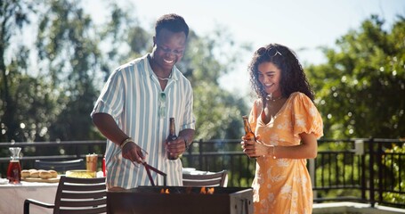 Sticker - Cooking, drinks and couple of friends outdoor for social gathering, laughing and funny joke at reunion event. New years celebration, woman and man with bbq on terrace for support, bonding and holiday