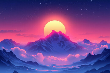 Wall Mural - night landscape with mountain. dark poster with hills, moon and clouds, cartoon background with even