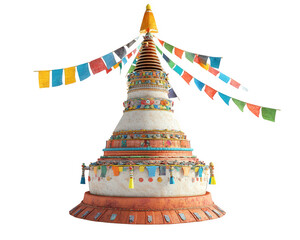 Tibetan stupa adorned with colorful prayer flags, symbolizing peace and spirituality. This serene structure stands tall, inviting reflection and tranquility