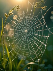 A delicate spiderweb covered in tiny dewdrops, glistening in the soft morning sunlight. The intricate web is suspended between blades of grass, with a blurred background of a lush green meadow.