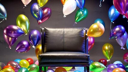 Wall Mural - Create a contrast between the sleek black armchair and the vibrant, glittering balloons falling around it. Use a dark background to make the balloons .