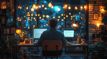 A focused programmer working late at night with glowing screens in a cozy, illuminated workspace surrounded by greenery