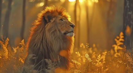 Wall Mural - Profile of a tranquil lion in golden dawn light, ai generated, AI generated