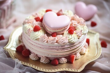 Poster - Romantic cream cake with large heart shaped french macaron on top. KI generiert, generiert, AI generated