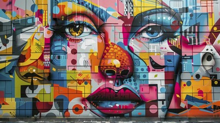  A detailed and colorful mural featuring a face with geometric patterns and vibrant abstract elements, AI generated