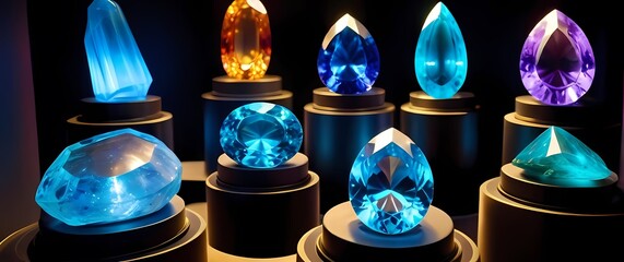 a dazzling array of colorful gemstones displayed in a jewelers showcase
