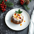 © Pam - Christmas fruit cake pudding on white plate Copy space :