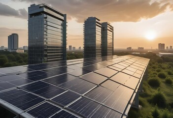 Solar panels, renewable energy contrast against tall skyscrapers at sunset representing urban, AI generated