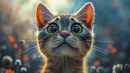  A tabby kitten with big eyes gazes upward amidst flowers, in a serene twilight setting with bokeh, AI generated