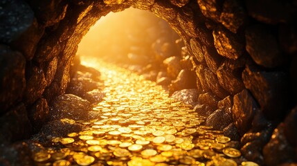 Sticker - Close-up of a stone archway with a golden pathway of coins stretching beyond, bathed in a magical and inviting golden glow