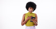 © peopleimages.com - Phone, sad and black woman in studio reading post of bad news on social media for communication. Cellphone, emotion and African influencer with shocking celebrity update on blog by white background.