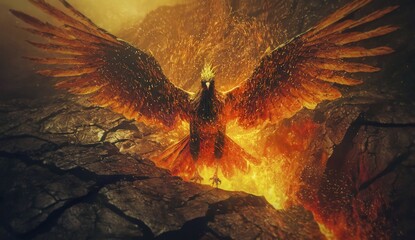 Wall Mural - Dark phoenix bird rising out of volcano lava burst and ashes through the cracks of melting magma. AI generated