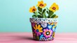 © Євген Луганський - Colorful hand-painted flower pot with vibrant yellow pansies against a pastel blue background