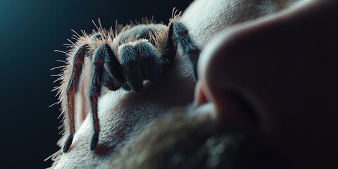 extreme close up of a large, hairy tarantula crawling on a person's face, creating a dramatic and po