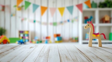 weathered wood table presentation, blurred children room backdrop, white wall mounted shelves, multicolored educational toys, traditional wooden horse toy, vibrant pencil block decoration, colorful