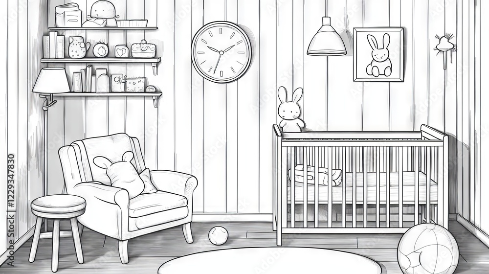 linear nursery interior drawing, vintage inspired lounge chair ...