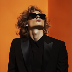 Fashion photography, editorial style fashion magazine cover, handsome man with wavy hair wearing black sunglasses and suit leaning against an orange wall.