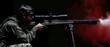 © Columbo/imageBROKER - Marksman aiming a sniper rifle on a tripod against a dark background with red smoke, AI generated