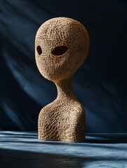 Wall Mural - Alien sculpture with textured wood on a dark background.