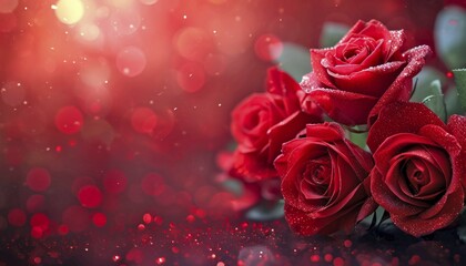 Wall Mural - Shimmering dew on red roses with a romantic St Valentine bokeh light in the background, AI generated