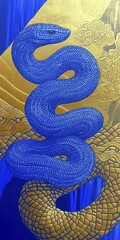 Wall Mural - A blue snake intertwined with a golden snake, set against a backdrop of clouds and mountains, 2025 Chinese zodiac year of the Wood Snake theme, AI generated