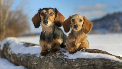 Wall Mural - KI generated, Two rough-haired dachshunds are looking forward to winter, a bitch and a puppy, Dachshund, Rough-haired dachshund, Dog, domestic dogs (Canis lupus familiaris), Family dog with hunting instinct