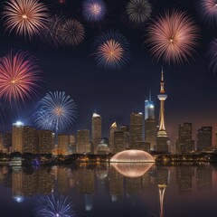 Poster - A night scene with fireworks over a city's illuminated skyline, reflecting on the calm water below, AI generated