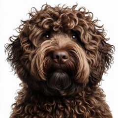 Poster - A curly-coated dog with a rich brown fur stands against a light backdrop, its big, expressive eyes conveying curiosity and warmth. The playful demeanor shines through in its gentle gaze