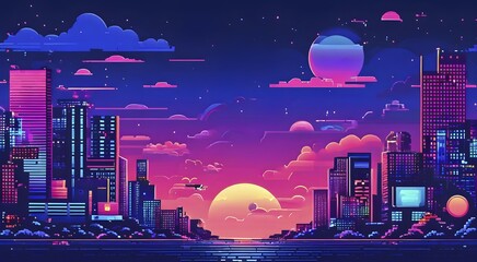 Wall Mural - Website header blending retro pixel style elements and modern graphics pixelated icons, AI generated