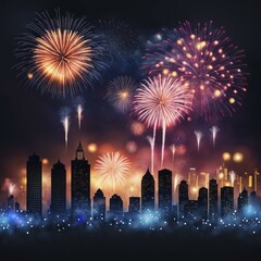 Poster - Colorful fireworks light up the night sky above a city's skyline, creating a festive atmosphere, AI generated