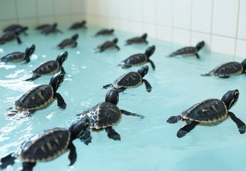 Group of small turtles swimming together in a clear, calm water environment in a modern setting with soft light and tiled background