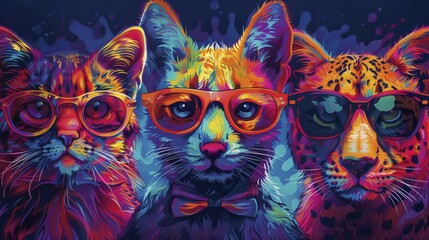 Naklejka na meble Three cats with neon hues and glasses, blending art and wildness, AI generated