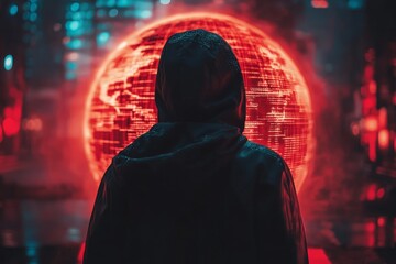 Aufkleber - Mysterious figure stands before a glowing red globe in a futuristic urban setting at night