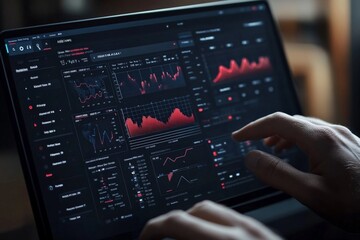 Poster - Analyzing financial data with advanced software on a laptop in a modern workspace at night