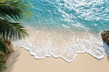 Wall Mural - Beach summer marketing campaigns concept. Aerial view of a tranquil beach with soft sand, gentle waves, and lush palm leaves, evoking a serene tropical vibe.