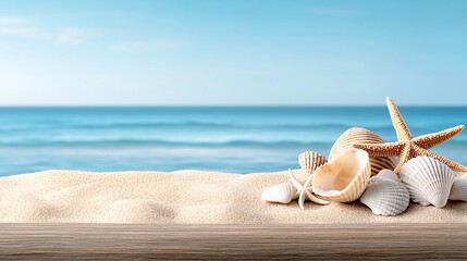 Wall Mural - Beach summer marketing campaigns concept. Serene beach scene featuring shells and a starfish on sandy shore with calm ocean waves in the background.