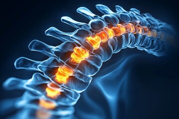Poster - Detailed illustration of a human spine showcasing vertebrae and nerve pathways glowing in vibrant colors