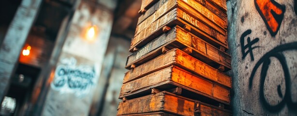 Aufkleber - Stack of Wooden Crates in Urban Industrial Setting with Graffiti