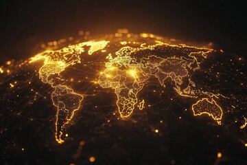 Aufkleber - Visual representation of the world map illuminated with golden light against a dark background highlighting global connections