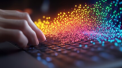 Close-up of programmer's hand typing on a laptop keyboard, generating a vibrant stream of colorful particles, symbolizing data flow, creativity and ai