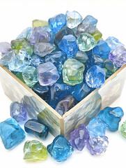 Wall Mural - Blue glass fire pit gems in container, white background, home decor